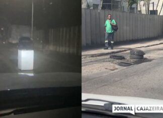 População usa fogão e pneus para sinalizar buraco na Fazenda Grande 2, em Cajazeiras