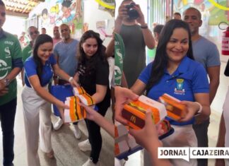 Prefeita Débora Regis distribui lanches do McDonald’s em escolas de Lauro de Freitas e emociona alunos