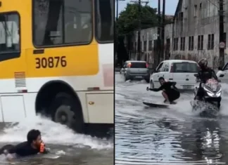 Surfista aproveita alagamento em Salvador e “pega onda” em plena avenida